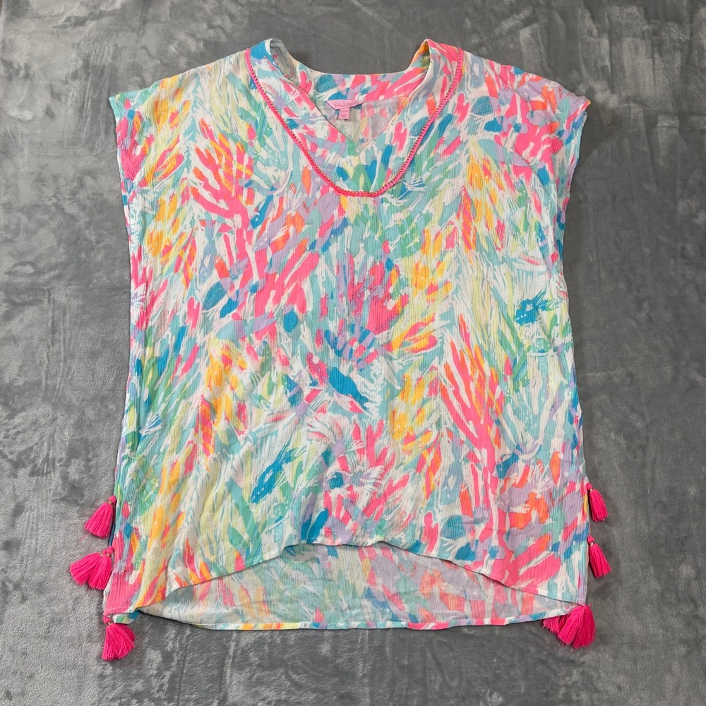Lilly Pulitzer Womens Tunic Top XXS/XS Pink Blue Abstract Tassel Beach Coverup